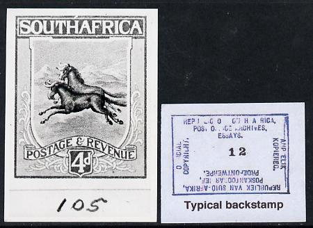 South Africa 1926-27 issue B&W photograph of original 4d Wildebeest essay inscribed in English, approximately twice stamp-size slightly different to issued stamp which is included. Official photograph from the original artwork held by the Government Printer in Pretoria with authority handstamp on the back, one of only 30 produced., stamps on , stamps on  stamps on , stamps on  stamps on  kg5 , stamps on  stamps on animals, stamps on  stamps on bovine