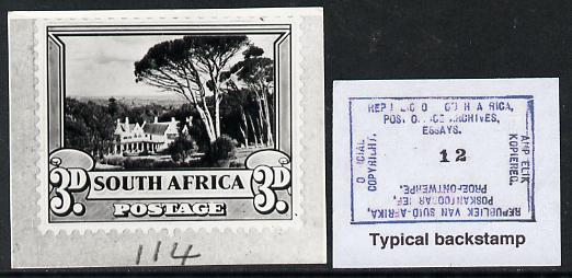 South Africa 1926-27 issue B&W photograph of original 3d Groot Schour essay inscribed in English, approximately twice stamp-size. Official photograph from the original ar..., stamps on , stamps on  kg5 , stamps on 
