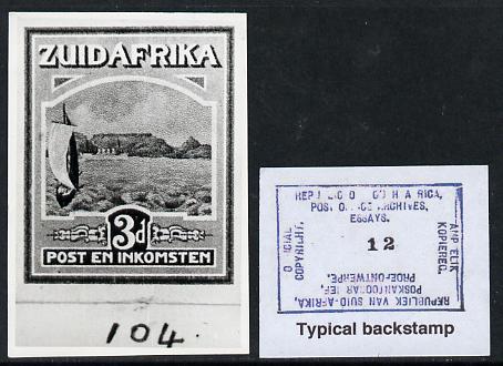 South Africa 1926-27 issue Harrison's B&W photograph of original 3d pictorial essay inscribed in Afrikaans, approximately twice stamp-size. Official photograph from the original artwork held by the Government Printer in Pretoria with authority handstamp on the back, one of only 30 produced., stamps on , stamps on  stamps on , stamps on  stamps on  kg5 , stamps on  stamps on ships