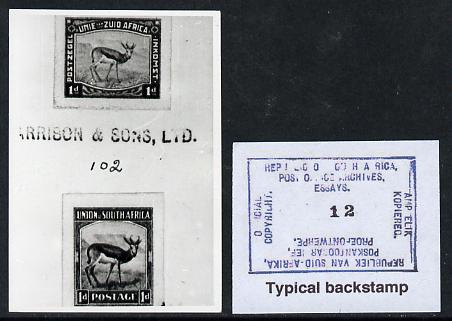 South Africa 1926-27 issue Harrison's B&W photograph of original 1d pictorial essays inscribed in Afrikaans (horizontal) & English (vertical). Official photograph from the original artwork held by the Government Printer in Pretoria with authority handstamp on the back, one of only 30 produced., stamps on , stamps on  stamps on , stamps on  stamps on  kg5 , stamps on  stamps on animals