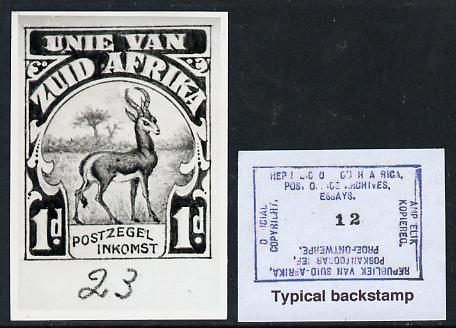 South Africa 1926-27 issue Perkins Bacon B&W photograph of original 1d Springbok essay inscribed in Afrikaans approximately twice stamp-size. Official photograph from the original artwork held by the Government Printer in Pretoria with authority handstamp on the back, one of only 30 produced., stamps on , stamps on  stamps on , stamps on  stamps on  kg5 , stamps on  stamps on animals, stamps on  stamps on 