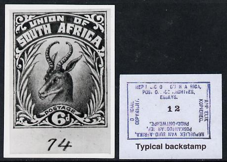 South Africa 1926-27 issue Perkins Bacon B&W photograph of original 6d Springbok essay inscribed in English approximately twice stamp-size. Official photograph from the original artwork held by the Government Printer in Pretoria with authority handstamp on the back, one of only 30 produced., stamps on , stamps on  stamps on , stamps on  stamps on  kg5 , stamps on  stamps on animals, stamps on  stamps on 