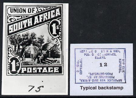 South Africa 1926-27 issue Perkins Bacon B&W photograph of original 1s Native Kraal essay inscribed in English approximately twice stamp-size. Official photograph from th..., stamps on , stamps on  kg5 , stamps on 