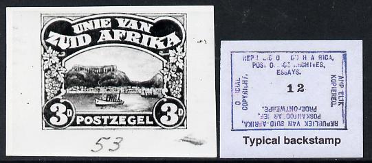 South Africa 1926-27 issue Perkins Bacon B&W photograph of original 3d Pictorial essay inscribed in Afrikaans approximately twice stamp-size. Official photograph from the original artwork held by the Government Printer in Pretoria with authority handstamp on the back, one of only 30 produced., stamps on , stamps on  stamps on , stamps on  stamps on  kg5 , stamps on  stamps on 