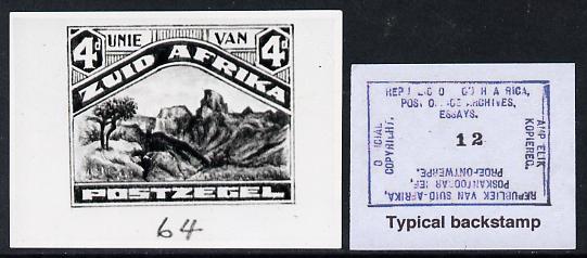 South Africa 1926-27 issue Perkins Bacon B&W photograph of original 4d Pictorial essay inscribed in Afrikaans approximately twice stamp-size. Official photograph from the original artwork held by the Government Printer in Pretoria with authority handstamp on the back, one of only 30 produced., stamps on , stamps on  stamps on , stamps on  stamps on  kg5 , stamps on  stamps on 