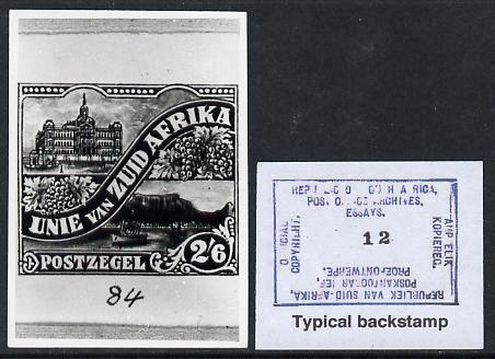 South Africa 1926-27 issue Perkins Bacon B&W photograph of original 2s6d Pictorial essay inscribed in Afrikaans approximately twice stamp-size. Official photograph from the original artwork held by the Government Printer in Pretoria with authority handstamp on the back, one of only 30 produced., stamps on , stamps on  stamps on , stamps on  stamps on  kg5 , stamps on  stamps on 