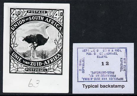 South Africa 1926-27 issue Perkins Bacon B&W photograph of original 4d Ostrich essay inscribed bi-lingually approximately twice stamp-size. Official photograph from the original artwork held by the Government Printer in Pretoria with authority handstamp on the back, one of only 30 produced., stamps on , stamps on  stamps on , stamps on  stamps on  kg5 , stamps on  stamps on animals, stamps on  stamps on ostriches