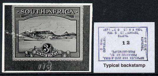 South Africa 1926-27 issue Perkins Bacon B&W photograph of original 3d Pictorial essay inscribed in English approximately twice stamp-size. Official photograph from the original artwork held by the Government Printer in Pretoria with authority handstamp on the back, one of only 30 produced., stamps on , stamps on  stamps on , stamps on  stamps on  kg5 , stamps on  stamps on ships