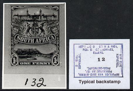 South Africa 1926-27 issue B&W photograph of original 1d Pictorial essay inscribed in English approximately twice stamp-size, probably designed by Mr Johnson of Bloemfontein. Official photograph from the original artwork held by the Government Printer in Pretoria with authority handstamp on the back, one of only 30 produced., stamps on , stamps on  stamps on , stamps on  stamps on  kg5 , stamps on  stamps on ships