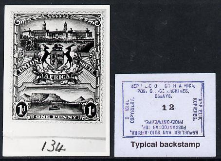 South Africa 1926-27 issue B&W photograph of original 1d Pictorial essay inscribed in English approximately twice stamp-size, probably designed by Mr Johnson of Bloemfontein. Official photograph from the original artwork held by the Government Printer in Pretoria with authority handstamp on the back, one of only 30 produced., stamps on , stamps on  stamps on , stamps on  stamps on  kg5 , stamps on  stamps on ships