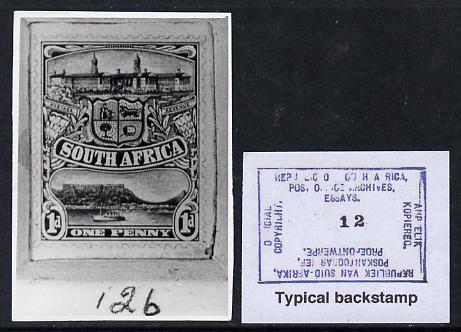 South Africa 1926-27 issue B&W photograph of original 1d Pictorial essay inscribed in English approximately twice stamp-size, probably designed by Mr Johnson of Bloemfontein. Official photograph from the original artwork held by the Government Printer in Pretoria with authority handstamp on the back, one of only 30 produced., stamps on , stamps on  stamps on , stamps on  stamps on  kg5 , stamps on  stamps on ships