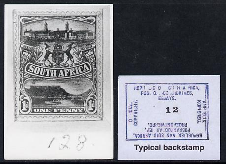 South Africa 1926-27 issue B&W photograph of original 1d Pictorial essay inscribed in English approximately twice stamp-size, probably designed by Mr Johnson of Bloemfontein. Official photograph from the original artwork held by the Government Printer in Pretoria with authority handstamp on the back, one of only 30 produced., stamps on , stamps on  stamps on , stamps on  stamps on  kg5 , stamps on  stamps on ships