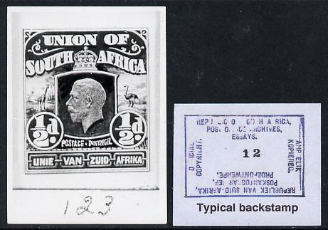 South Africa 1926-27 issue B&W photograph of original 1/2d Pictorial essay approximately twice stamp-size, probably designed by Mr Mackay. Official photograph from the original artwork held by the Government Printer in Pretoria with authority handstamp on the back, one of only 30 produced., stamps on , stamps on  stamps on , stamps on  stamps on  kg5 , stamps on  stamps on animals