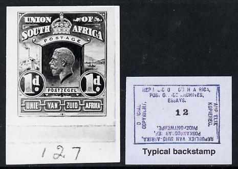 South Africa 1926-27 issue B&W photograph of original 1d Pictorial essay approximately twice stamp-size, probably designed by Mr Mackay. Official photograph from the original artwork held by the Government Printer in Pretoria with authority handstamp on the back, one of only 30 produced., stamps on , stamps on  stamps on , stamps on  stamps on  kg5 , stamps on  stamps on 