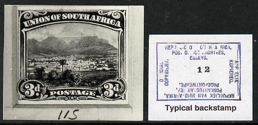 South Africa 1926-27 issue Public Works Dept B&W photograph of original 3d Pictorial essay inscribed in English, approximately twice stamp-size. Official photograph from the original artwork held by the Government Printer in Pretoria with authority handstamp on the back, one of only 30 produced., stamps on , stamps on  stamps on , stamps on  stamps on  kg5 , stamps on  stamps on 