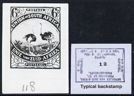 South Africa 1926-27 issue Public Works Dept B&W photograph of original 6d Ostrich essay inscribed bilingually, approximately twice stamp-size. Official photograph from the original artwork held by the Government Printer in Pretoria with authority handstamp on the back, one of only 30 produced., stamps on , stamps on  stamps on , stamps on  stamps on  kg5 , stamps on  stamps on ostriches