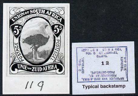South Africa 1926-27 issue Public Works Dept B&W photograph of original 5s Ostrich essay inscribed bilingually, approximately twice stamp-size. Official photograph from the original artwork held by the Government Printer in Pretoria with authority handstamp on the back, one of only 30 produced., stamps on , stamps on  stamps on , stamps on  stamps on  kg5 , stamps on  stamps on ostriches
