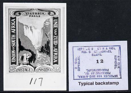 South Africa 1926-27 issue Public Works Dept B&W photograph of original 1s Victoria Falls essay inscribed bilingually, approximately twice stamp-size. Official photograph from the original artwork held by the Government Printer in Pretoria with authority handstamp on the back, one of only 30 produced., stamps on , stamps on  stamps on , stamps on  stamps on  kg5 , stamps on  stamps on waterfalls