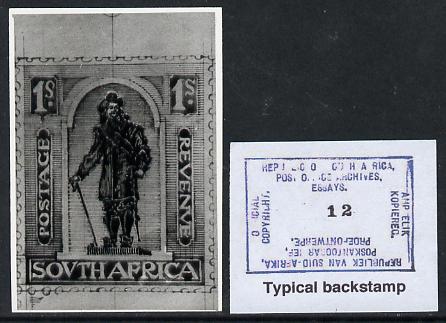 South Africa 1926-27 issue Public Works Dept B&W photograph of original 1s Van Reibeck essay inscribed in English, approximately twice stamp-size. Official photograph from the original artwork held by the Government Printer in Pretoria with authority handstamp on the back, one of only 30 produced., stamps on , stamps on  stamps on , stamps on  stamps on  kg5 , stamps on  stamps on statues