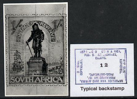 South Africa 1926-27 issue Public Works Dept B&W photograph of original 1s Van Reibeck essay inscribed in English, approximately twice stamp-size. Official photograph from the original artwork held by the Government Printer in Pretoria with authority handstamp on the back, one of only 30 produced., stamps on , stamps on  stamps on , stamps on  stamps on  kg5 , stamps on  stamps on statues