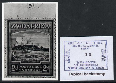 South Africa 1926-27 issue Public Works Dept B&W photograph of original 2d Pictorial essay inscribed in Afrikaans, approximately twice stamp-size. Official photograph from the original artwork held by the Government Printer in Pretoria with authority handstamp on the back, one of only 30 produced., stamps on , stamps on  stamps on , stamps on  stamps on  kg5 , stamps on  stamps on 