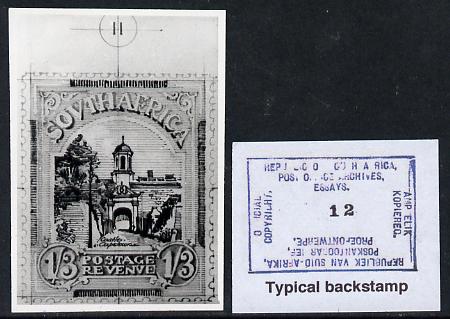 South Africa 1926-27 issue Public Works Dept B&W photograph of original 1s3d Pictorial essay inscribed in English, approximately twice stamp-size. Official photograph from the original artwork held by the Government Printer in Pretoria with authority handstamp on the back, one of only 30 produced., stamps on , stamps on  stamps on , stamps on  stamps on  kg5 , stamps on  stamps on 