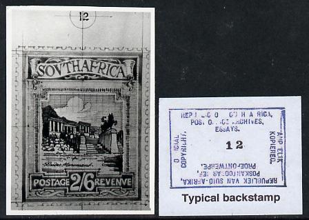 South Africa 1926-27 issue Public Works Dept B&W photograph of original 2s6d Pictorial essay inscribed in English, approximately twice stamp-size. Official photograph from the original artwork held by the Government Printer in Pretoria with authority handstamp on the back, one of only 30 produced., stamps on , stamps on  stamps on , stamps on  stamps on  kg5 , stamps on  stamps on 