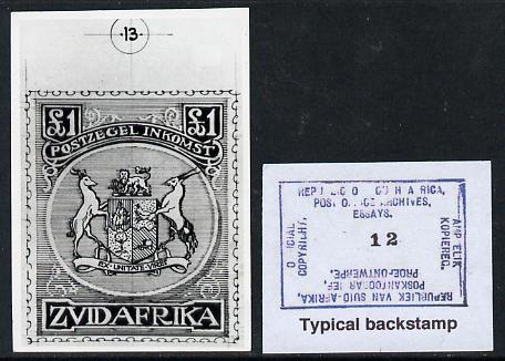South Africa 1926-27 issue Public Works Dept B&W photograph of original A31 Coat of Arms essay inscribed in Afrikaans, approximately twice stamp-size. Official photograph from the original artwork held by the Government Printer in Pretoria with authority handstamp on the back, one of only 30 produced., stamps on , stamps on  stamps on , stamps on  stamps on  kg5 , stamps on  stamps on arms, stamps on  stamps on heraldry