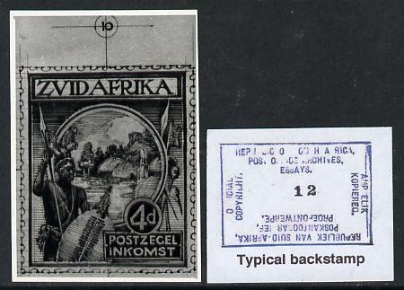 South Africa 1926-27 issue Public Works Dept B&W photograph of original 4d Pictorial essay inscribed in Afrikaans, approximately twice stamp-size. Official photograph from the original artwork held by the Government Printer in Pretoria with authority handstamp on the back, one of only 30 produced., stamps on , stamps on  stamps on , stamps on  stamps on  kg5 , stamps on  stamps on 