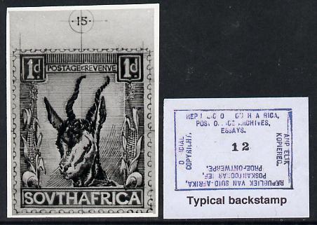 South Africa 1926-27 issue Public Works Dept B&W photograph of original 1d Springbok essay inscribed in English, approximately twice stamp-size. Official photograph from ..., stamps on , stamps on  kg5 , stamps on animals