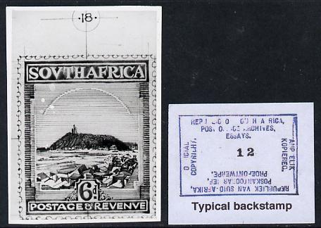 South Africa 1926-27 issue Public Works Dept B&W photograph of original 6d Pictorial essay inscribed in English, approximately twice stamp-size. Official photograph from the original artwork held by the Government Printer in Pretoria with authority handstamp on the back, one of only 30 produced., stamps on , stamps on  stamps on , stamps on  stamps on  kg5 , stamps on  stamps on 