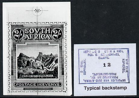 South Africa 1926-27 issue Public Works Dept B&W photograph of original 2s Pictorial essay inscribed in English, approximately twice stamp-size. Official photograph from the original artwork held by the Government Printer in Pretoria with authority handstamp on the back, one of only 30 produced., stamps on , stamps on  stamps on , stamps on  stamps on  kg5 , stamps on  stamps on 