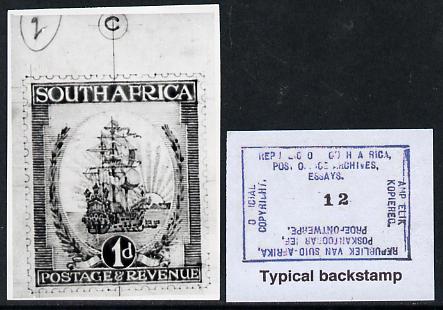 South Africa 1926-27 issue Public Works Dept B&W photograph of original 1d Dromedaris essay inscribed in English, approximately twice stamp-size. Official photograph from the original artwork held by the Government Printer in Pretoria with authority handstamp on the back, one of only 30 produced., stamps on , stamps on  stamps on , stamps on  stamps on  kg5 , stamps on  stamps on ships