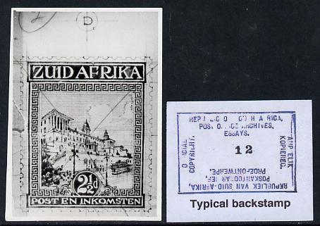 South Africa 1926-27 issue Public Works Dept B&W photograph of original 2.5d Pictorials essay inscribed in Afrikaans, approximately twice stamp-size. Official photograph from the original artwork held by the Government Printer in Pretoria with authority handstamp on the back, one of only 30 produced., stamps on , stamps on  kg5 , stamps on 