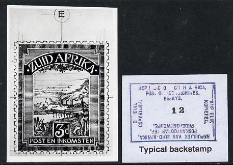 South Africa 1926-27 issue Public Works Dept B&W photograph of original 3d Pictorials essay inscribed in Afrikaans, approximately twice stamp-size. Official photograph from the original artwork held by the Government Printer in Pretoria with authority handstamp on the back, one of only 30 produced., stamps on , stamps on  stamps on , stamps on  stamps on  kg5 , stamps on  stamps on 