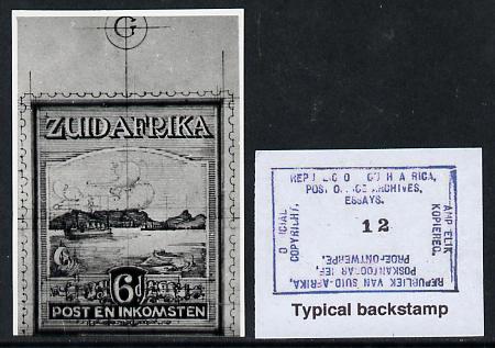 South Africa 1926-27 issue Public Works Dept B&W photograph of original 6d Pictorials essay inscribed in Afrikaans, approximately twice stamp-size. Official photograph from the original artwork held by the Government Printer in Pretoria with authority handstamp on the back, one of only 30 produced., stamps on , stamps on  stamps on , stamps on  stamps on  kg5 , stamps on  stamps on ships