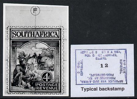 South Africa 1926-27 issue Public Works Dept B&W photograph of original 4d Pictorial essay inscribed in English, approximately twice stamp-size. Official photograph from the original artwork held by the Government Printer in Pretoria with authority handstamp on the back, one of only 30 produced., stamps on , stamps on  stamps on , stamps on  stamps on  kg5 , stamps on  stamps on 