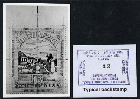 South Africa 1926-27 issue Public Works Dept B&W photograph of original 1s3d essay inscribed in English, approximately twice stamp-size. Official photograph from the original artwork held by the Government Printer in Pretoria with authority handstamp on the back, one of only 30 produced., stamps on , stamps on  stamps on , stamps on  stamps on  kg5 , stamps on  stamps on 