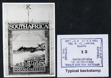 South Africa 1926-27 issue Public Works Dept B&W photograph of original 5s essay inscribed in English, approximately twice stamp-size. Official photograph from the original artwork held by the Government Printer in Pretoria with authority handstamp on the back, one of only 30 produced., stamps on , stamps on  stamps on , stamps on  stamps on  kg5 , stamps on  stamps on 