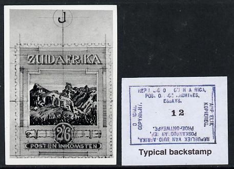 South Africa 1926-27 issue Public Works Dept B&W photograph of original 2s6d essay inscribed in Afrikaans, approximately twice stamp-size. Official photograph from the original artwork held by the Government Printer in Pretoria with authority handstamp on the back, one of only 30 produced., stamps on , stamps on  stamps on , stamps on  stamps on  kg5 , stamps on  stamps on 