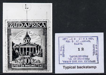 South Africa 1926-27 issue Public Works Dept B&W photograph of original 10s essay inscribed in Afrikaans, approximately twice stamp-size. Official photograph from the original artwork held by the Government Printer in Pretoria with authority handstamp on the back, one of only 30 produced., stamps on , stamps on  stamps on , stamps on  stamps on  kg5 , stamps on  stamps on 