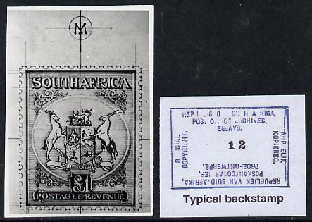 South Africa 1926-27 issue Public Works Dept B&W photograph of original A31 Coat of Arms essay inscribed in English, approximately twice stamp-size. Official photograph from the original artwork held by the Government Printer in Pretoria with authority handstamp on the back, one of only 30 produced., stamps on , stamps on  stamps on , stamps on  stamps on  kg5 , stamps on  stamps on arms, stamps on  stamps on heraldry