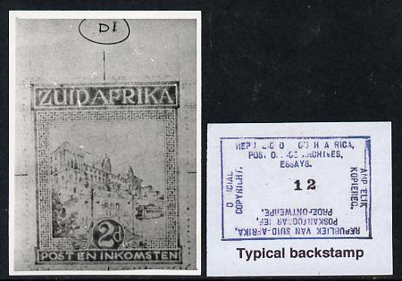 South Africa 1926-27 issue Public Works Dept B&W photograph of original 2d Pictorial essay inscribed in Afrikaans, approximately twice stamp-size. Official photograph from the original artwork held by the Government Printer in Pretoria with authority handstamp on the back, one of only 30 produced., stamps on , stamps on  stamps on , stamps on  stamps on  kg5 , stamps on  stamps on 