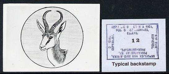 South Africa 1926-27 issue B&W photograph of original 1/2d Springbok design within circle, approximately twice stamp-size similar to issued stamp which is included. Official photograph from the original artwork held by the Government Printer in Pretoria with authority handstamp on the back, one of only 30 produced., stamps on , stamps on  stamps on , stamps on  stamps on  kg5 , stamps on  stamps on animals
