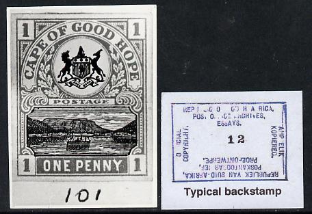 Cape of Good Hope 1900 Table Mountain B&W photograph of original 1d design approximately twice stamp-size similar to issued stamp. Official photograph from the original artwork held by the Government Printer in Pretoria with authority handstamp on the back, one of only 30 produced., stamps on , stamps on  stamps on , stamps on  stamps on  qv , stamps on  stamps on mountains