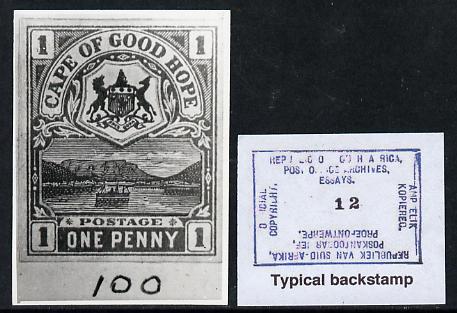 Cape of Good Hope 1900 Table Mountain B&W photograph of original 1d design approximately twice stamp-size slightly different to issued stamp. Official photograph from the original artwork held by the Government Printer in Pretoria with authority handstamp on the back, one of only 30 produced., stamps on , stamps on  stamps on , stamps on  stamps on  qv , stamps on  stamps on mountains