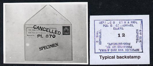 South Africa 1926-27 B&W photograph of original essay for 2d postal stationery envelope (PL870). Official photograph from the original artwork held by the Government Printer in Pretoria with authority handstamp on the back, one of only 30 produced., stamps on , stamps on  stamps on , stamps on  stamps on  kg5 , stamps on  stamps on 