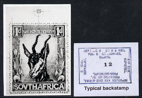 South Africa 1926-27 issue B&W photograph of original 1d Springbok essay inscribed in English approximately twice stamp-size. Official photograph from the original artwor..., stamps on , stamps on  kg5 , stamps on animals