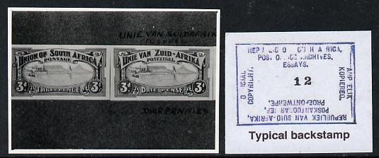 South Africa 1926-27 issue B&W photograph of original 3d Pictorial essays in bilingual pair. Official photograph from the original artwork held by the Government Printer in Pretoria with authority handstamp on the back, one of only 30 produced., stamps on , stamps on  stamps on , stamps on  stamps on  kg5 , stamps on  stamps on ships