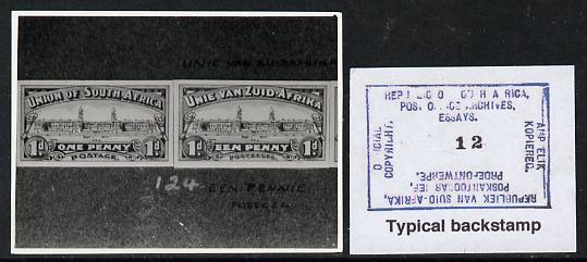 South Africa 1926-27 issue B&W photograph of original 1d Pictorial essays in bilingual pair. Official photograph from the original artwork held by the Government Printer in Pretoria with authority handstamp on the back, one of only 30 produced., stamps on , stamps on  stamps on , stamps on  stamps on  kg5 , stamps on  stamps on 